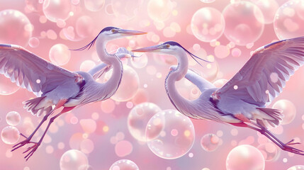 Retro dusk pattern with dusky rose bubbles and heron silhouettes.