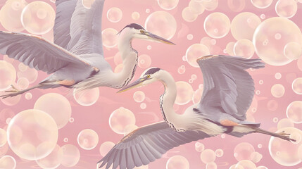 Elegant herons glide over pastel bubbles, retro tranquility at twilight.
