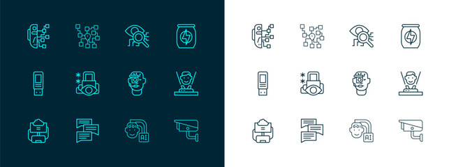 Set line Energy drink, Speech bubble chat, Smart glasses on spectacles, Humanoid robot, Cyber security, Eye scan, and Neural network icon. Vector