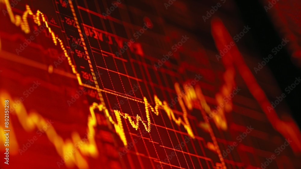 Poster a close-up of a stock market graph on a computer monitor, illustrating the ups and downs of market v