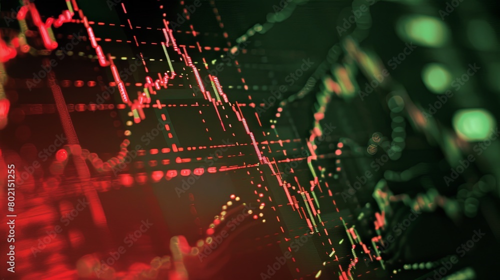 Poster a close-up of a stock market graph on a computer monitor, illustrating the ups and downs of market v