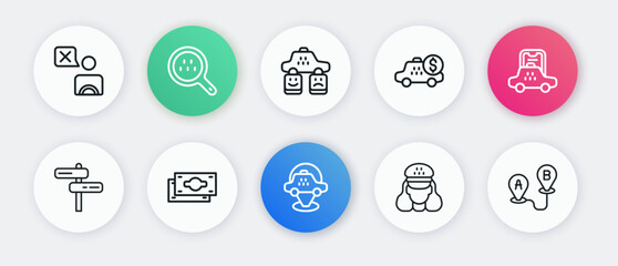 Set line Location taxi car, Taxi mobile app, Road traffic sign, driver, Taximeter device, service rating, Route location and Stacks paper money cash icon. Vector © Iryna