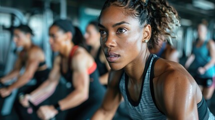 Motivational photo of person participating in a group fitness class, enthusiastic instructors leading the gym workout