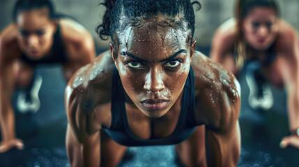 Motivational photo of person participating in a group fitness class, enthusiastic instructors leading the gym workout