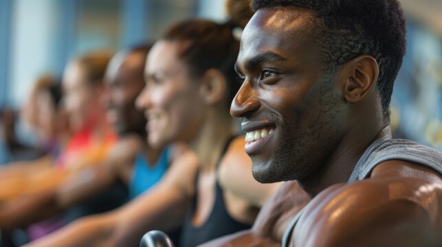 Motivational photo of person participating in a group fitness class, enthusiastic instructors leading the gym workout - Powered by Adobe
