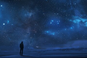 A man stands in the snow, looking up at the stars in contemplation