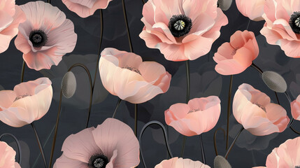 Trendy charcoal grey with blush and rose poppies, seamless pattern.