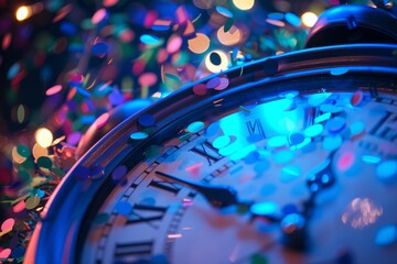 Close up of a clock striking midnight on New Years Eve, surrounded by confetti falling in the background