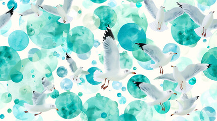 Freedom-inspired seaside pattern, seafoam bubbles and flying seagulls.