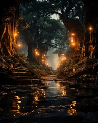 Enchanting stock image of a forest with trees that light up and paths that move, creating a sense of freedom and wonder in a fantasy setting
