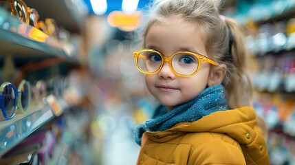 Child picking out first glasses, joyful choice, close up, colorful frames, bright store light 