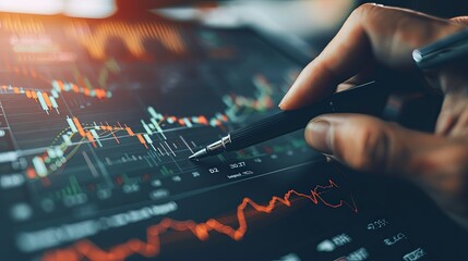 Fototapeta premium A hand holding a pen pointing to a specific point on a printed stock market graph, highlighting key insights for investors.