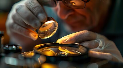 Optician polishing lenses, meticulous care, close up, clarity in craftsmanship, soft workshop glow 