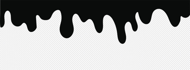 Black Melt Drips, Liquid Paint Drops seamless element vector. Isolated melted dripping liquid on background. Flowing, spilled, drop, splash, leak concept. transparent background. Vector illustration. 