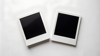 2 polaroid rectangular with black picture on it isolated on white background, horizontal mock up photos