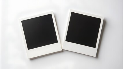 2 polaroid rectangular with black picture on it isolated on white background, horizontal mock up photos