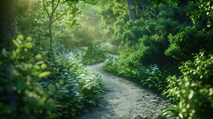 A serene image of a winding path through a lush, verdant landscape, inviting the viewer to slow down and savor the journey on World Sauntering Day.