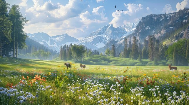 A peaceful mountain meadow adorned with wildflowers and grazing wildlife, capturing the essence of natural beauty and serenity.