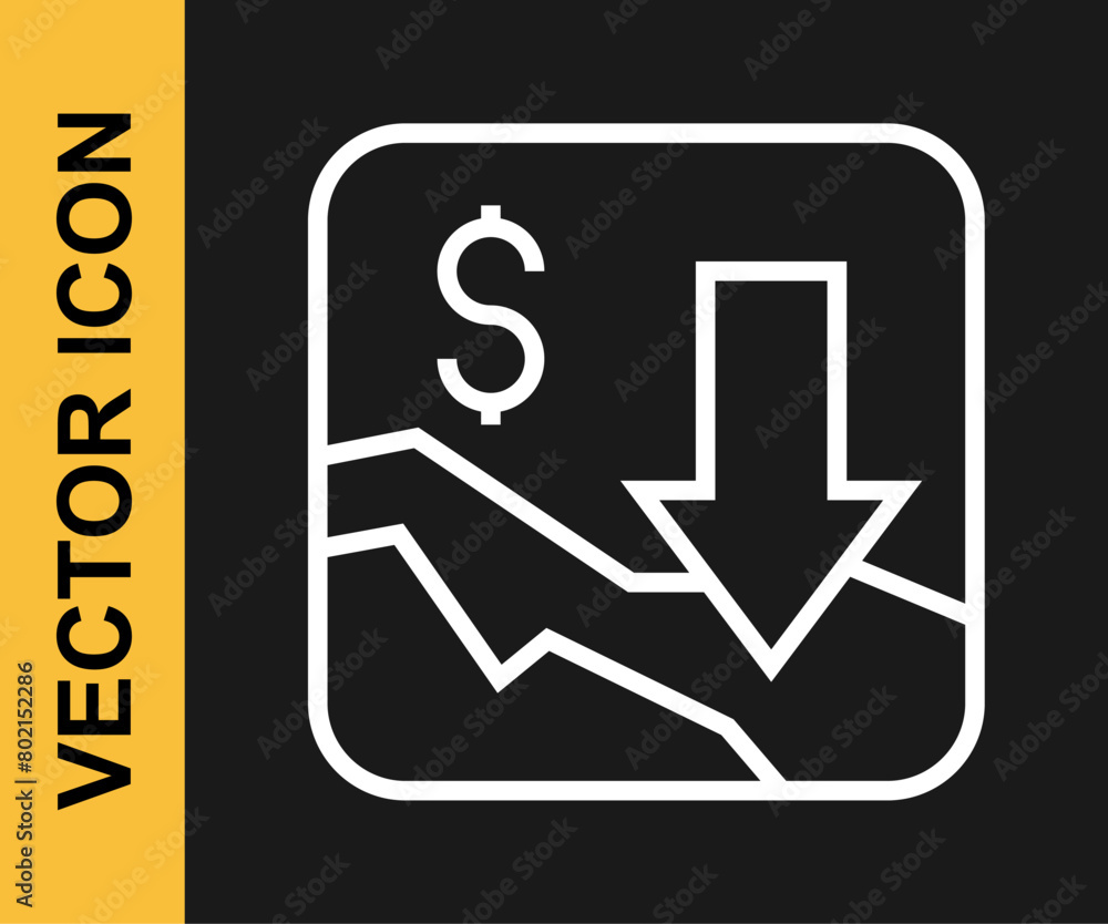 Poster White line Financial growth decrease icon isolated on black background. Increasing revenue. Vector