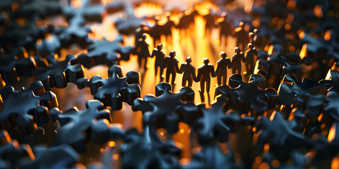 Miniature business people connecting many puzzle top view concept of teamwork