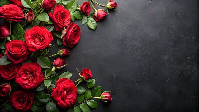 Beautiful floral background. Spring flowers frame, layout with red roses on black background. Top view, flat lay, copy space for text