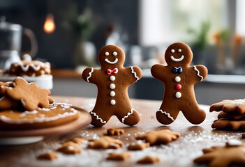 Two smiling gingerbread cookies decorated with icing, standing on a kitchen counter with more cookies and festive decorations in the background. Cookie Day. - Powered by Adobe