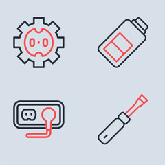 Set line Battery charge, Electrical outlet, Screwdriver and icon. Vector