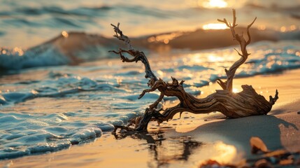 Panoramic beach at evening sunset with dry trunk tree on sand against sea water. Generated AI image