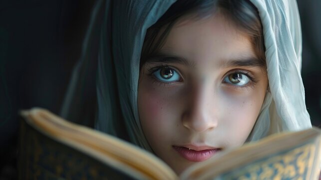A serene image of a young girl reading a book, her eyes filled with wonder and determination, symbolizing the power of education on Malala Day.