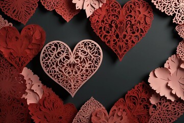 "Create heartfelt messages for mom with our heart paper cut background. Red, pink, and coral hues for love and warmth. ❤️ #MothersDay #HeartArt" digital artwork ar 3:2.
