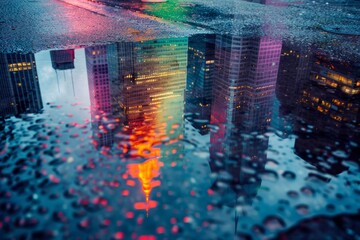 Closeup of skyscrapers reflected in a puddle on a rainy city street, capturing vibrant colors and urban atmosphere - Powered by Adobe