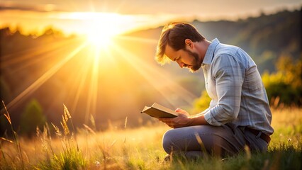 A man on his knees, in an attitude of prayer, while the sunlight shines on him, symbolizing revelation and obedience. In the background, a setting that refers to nature, transmitting serenity and clos