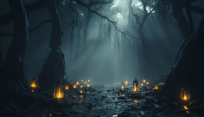 Enigmatic stock image depicting a shadowy figure holding a lantern in a foggy forest, evoking a sense of mystery and exploration