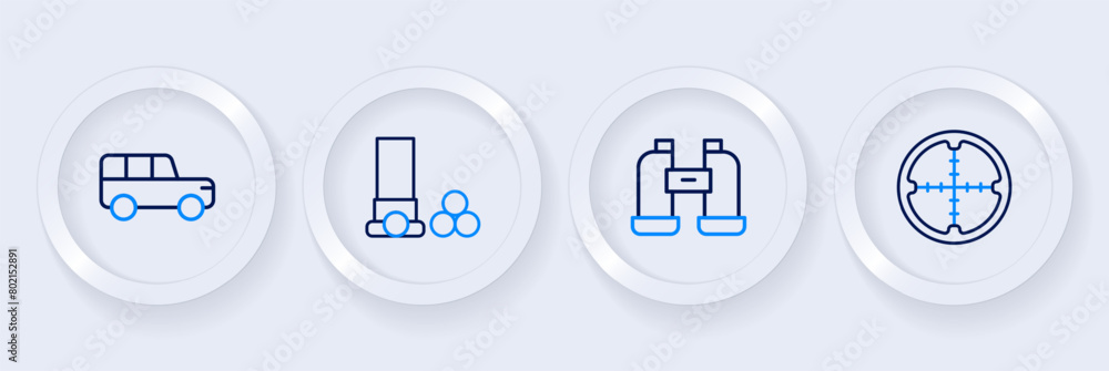 Sticker Set line Sniper optical sight, Binoculars, Cartridges and Safari car icon. Vector