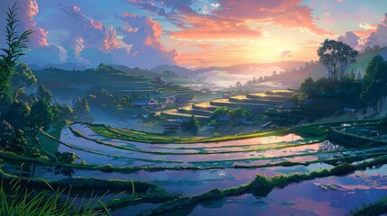 A tranquil countryside scene with rice terraces reflecting the colors of the sunset, evoking a sense of peace and serenity.