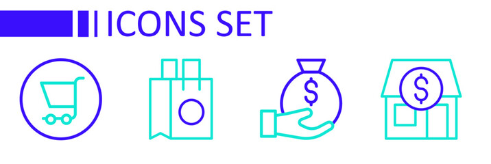 Set line Market store, Money bag, Paper shopping and Shopping cart icon. Vector