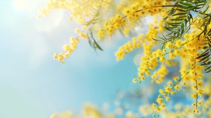 Beautiful yellow mimosa branches blooming against blue sky background. Generated AI image