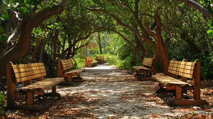 Wooden park benches arranged in a shaded grove, inviting relaxation and contemplation amid nature's beauty.