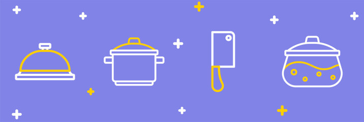 Set line Cooking pot, Meat chopper, and Covered with tray of food icon. Vector