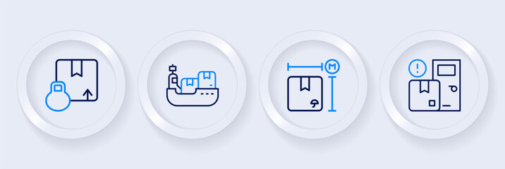 Set line Home delivery services, Cardboard box measurement, Cargo ship with boxes and Carton cardboard icon. Vector