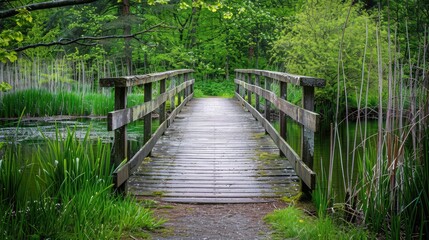 Fototapeta premium Wooden bridge spanning a peaceful marshland, providing a scenic route for birdwatchers and nature enthusiasts.