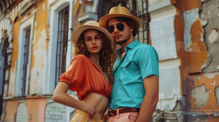 Portrait young stylish couple posing together on city street at sunny summer. Generated AI image