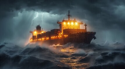 Engage with the dramatic visual of a massive cargo vessel making its way through a turbulent open ocean storm, waves clashing against the sturdy hull.
