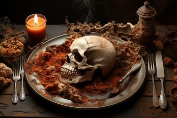Cannibal's Meal: Eerie Medieval Feast with Human Skull Display