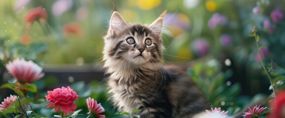 Beautiful cat of livestock, siberian breed. Hypoallergenic kitten in a garden, male brown tabby