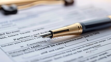 Informed consent document with pen, decision in detail, close up, choice and care, morning glow 