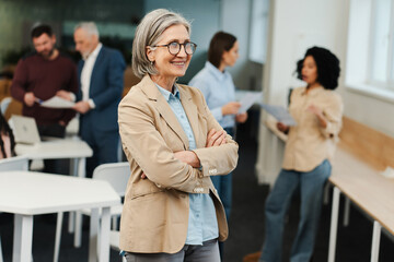 Senior gray haired woman wearing stylish eyeglasses and formal wear with crossed arms looking away