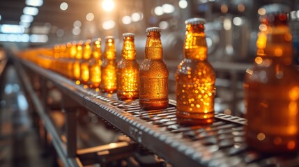 Industrial process of beverage production: beer bottles on conveyor belt in brewery