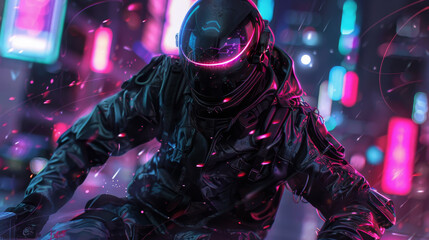 Rider in black gear with neon helmet highlights on a futuristic motorcycle in the rain