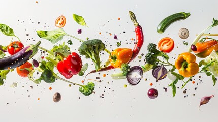 An exciting image capturing various fresh vegetables floating gracefully against a white backdrop, symbolizing the essence of farm-to-table goodness.